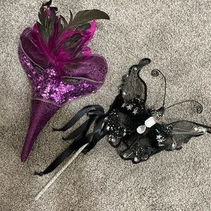 2 Vintage Feather Eye Mask Mascarade Party Mardi Gras Halloween Purple Black